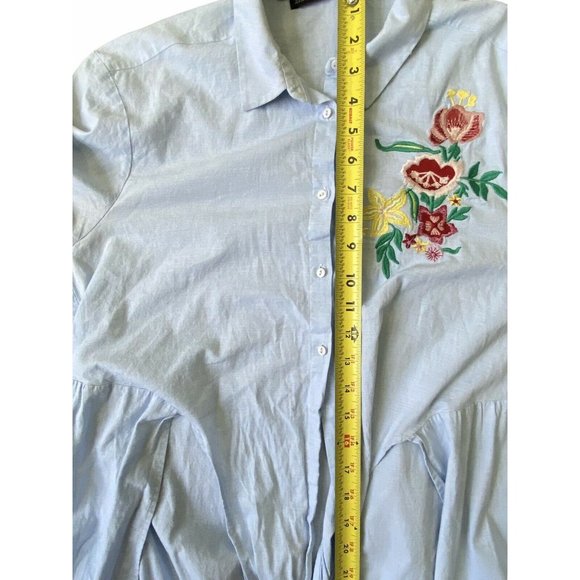 Zara Womens Shirt Maxi Duster Medium Blue Embroidered Floral Collared Tie Front - Picture 12 of 12